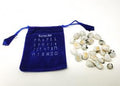 Blue drawstring bag with rune stones on a white background