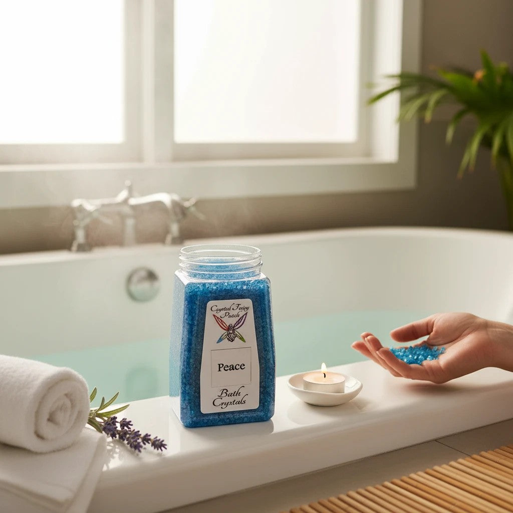Crystal Fairy Patch Peace bath salts in a blue jar with a hand holding crystals by a relaxing bathtub.