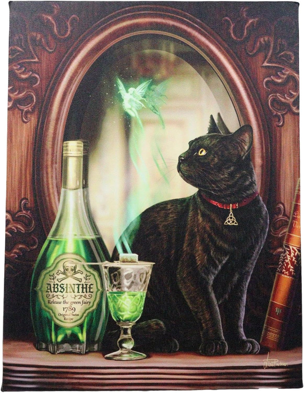 Absinthe Spirit Magical Potion Black Cat Canvas Framed Wall Art Wall Plaque - Lisa Parker - 7.5" W x 9.85"