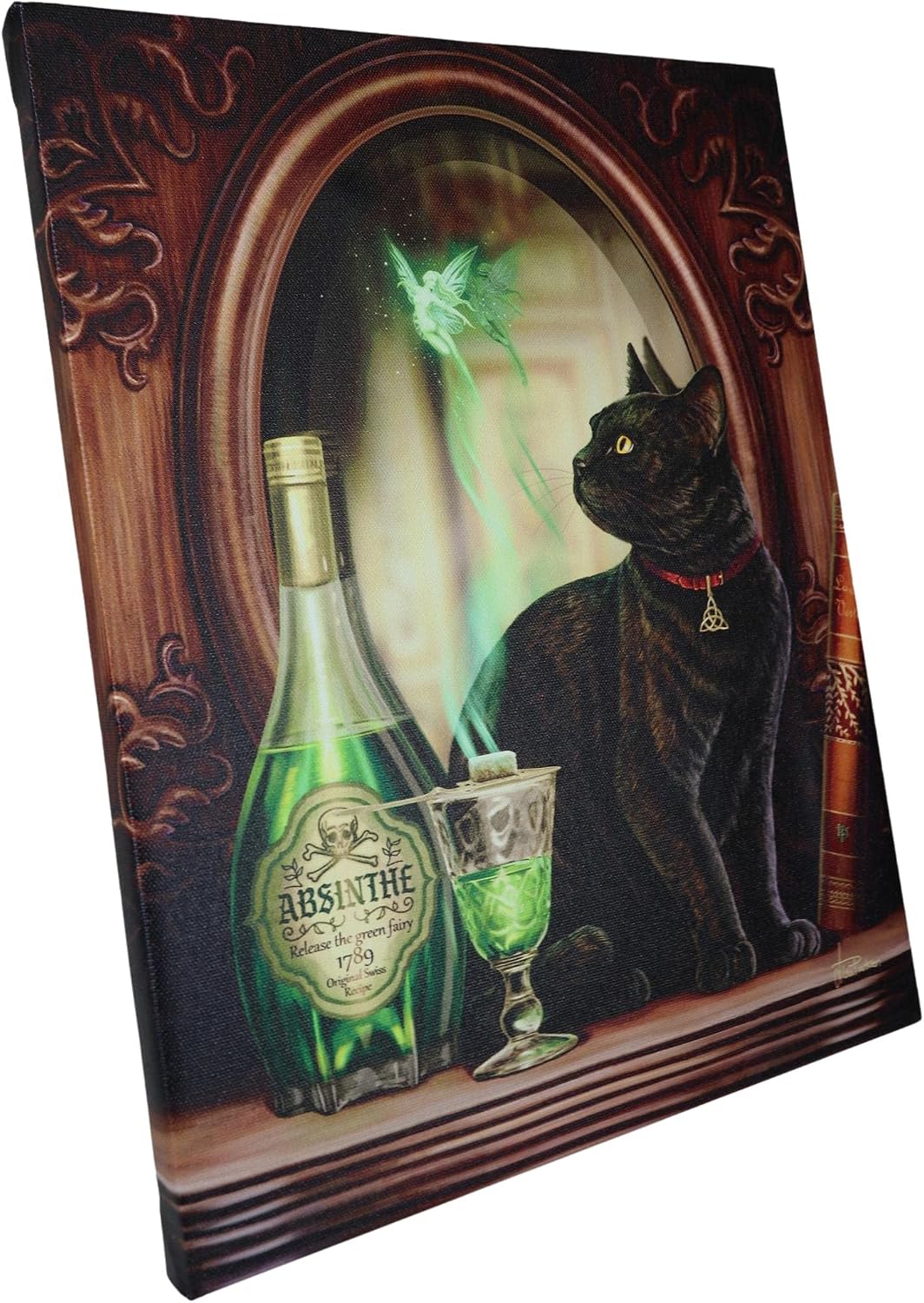 Absinthe Spirit Magical Potion Black Cat Canvas Framed Wall Art Wall Plaque - Lisa Parker - 7.5" W x 9.85"
