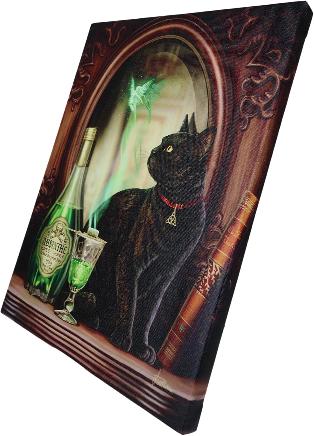 Absinthe Spirit Magical Potion Black Cat Canvas Framed Wall Art Wall Plaque - Lisa Parker - 7.5" W x 9.85"