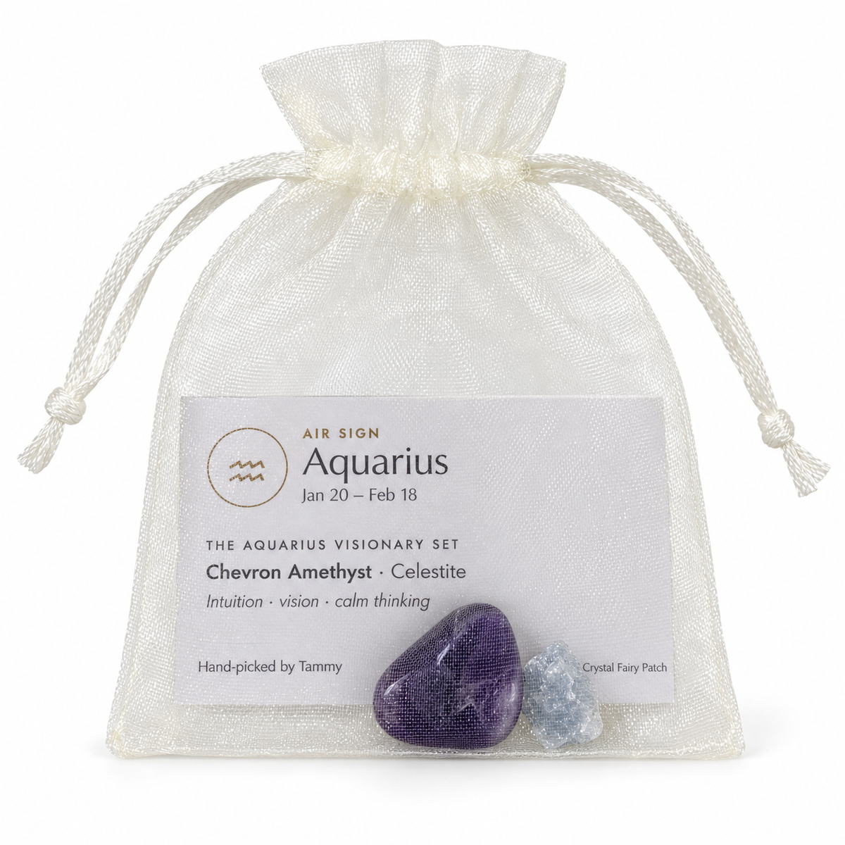 Aquarius stones and zodiac card inside ivory organza gift bag