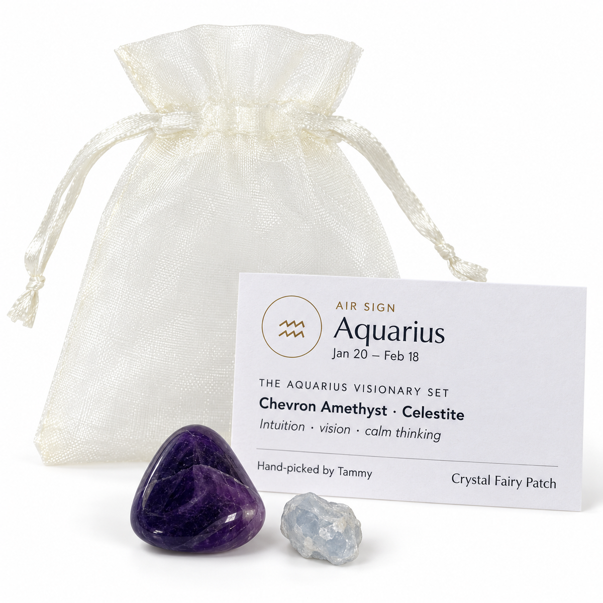 Aquarius Visionary Set with Chevron Amethyst, Celestite, card and gift bag