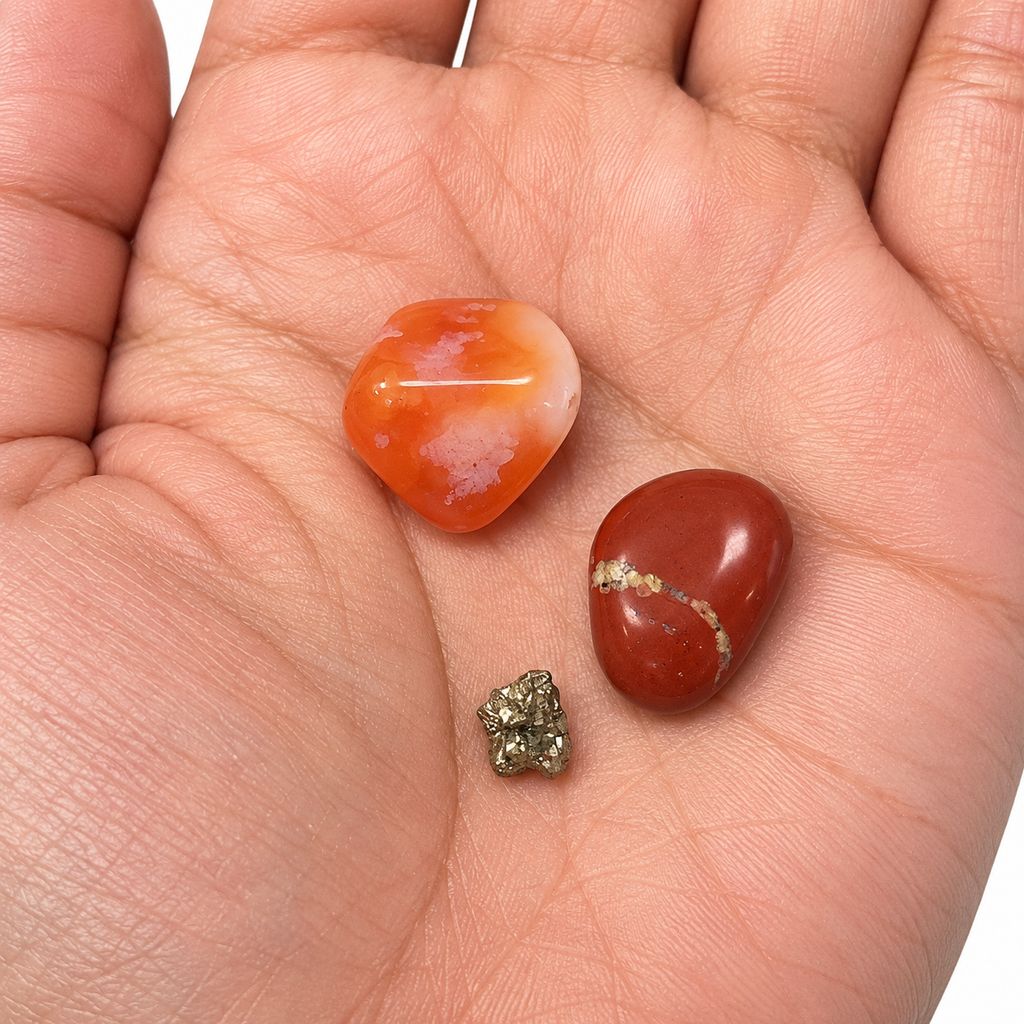 Carnelian, Red Jasper and small rough Pyrite shown close up in an open palm