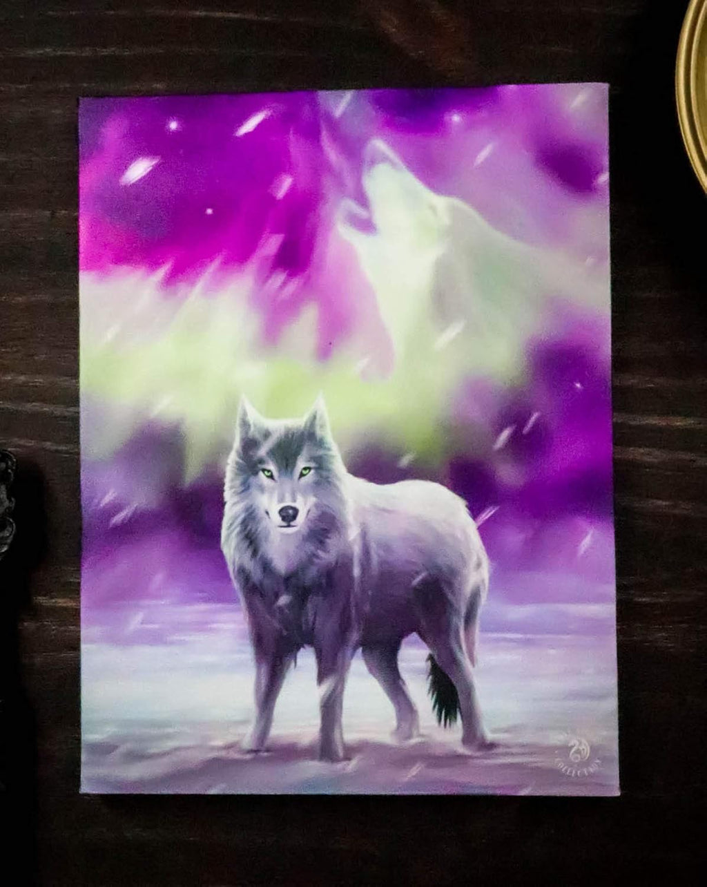 Aurora Borealis Howling Sacred Lone Wolf Canvas Framed Wall Art Wall Plaque - Anne Stokes - 7.5" W x 9.85"