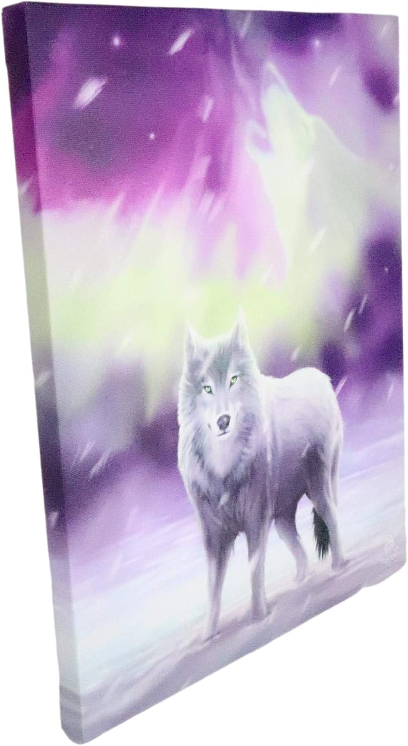 Aurora Borealis Howling Sacred Lone Wolf Canvas Framed Wall Art Wall Plaque - Anne Stokes - 7.5" W x 9.85"
