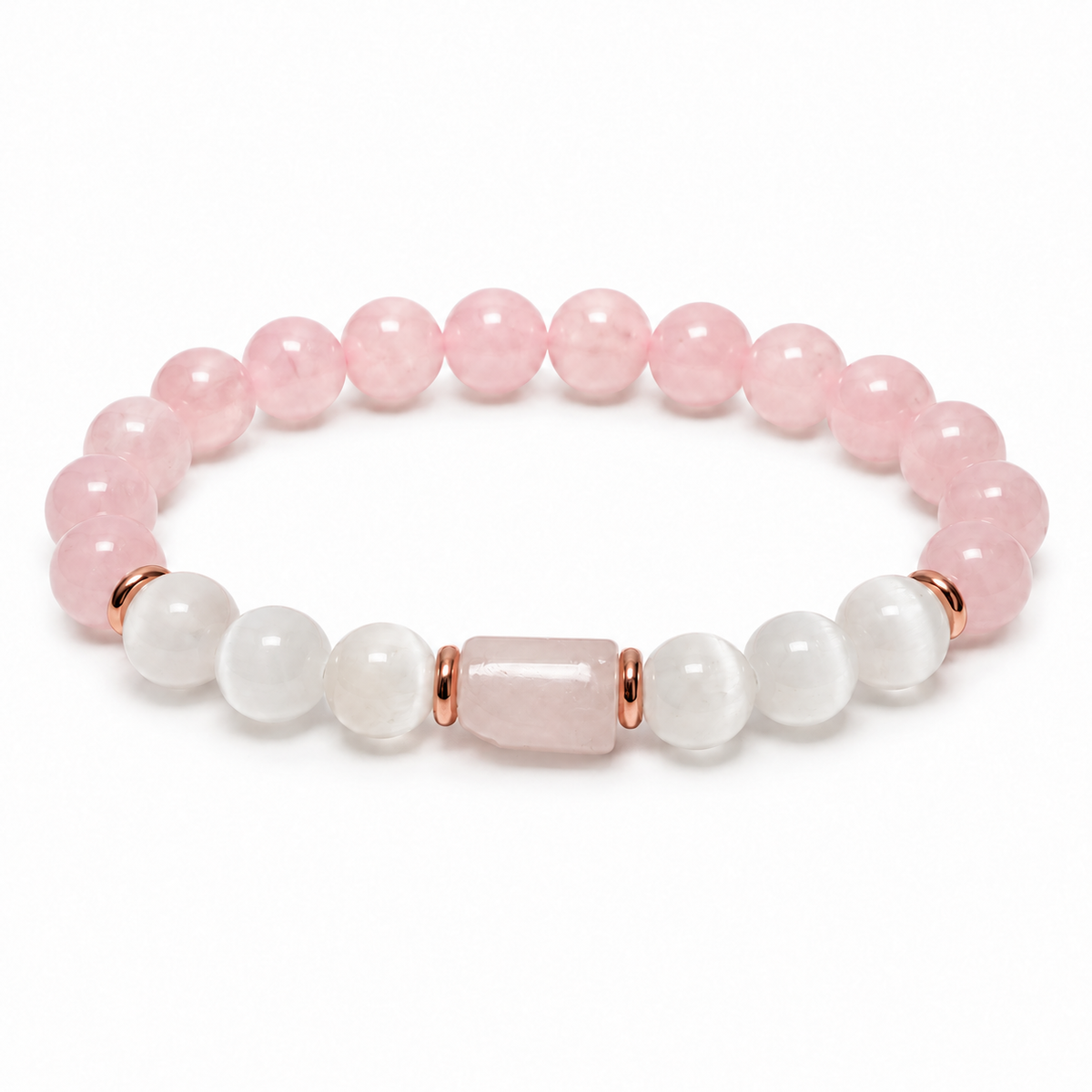 8mm Rose Quartz & Selenite with Cylinder Rose Quartz Bracelet on white background