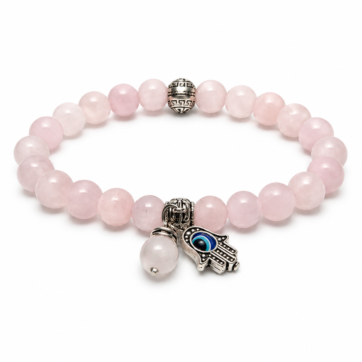 8mm Rose Quartz with Hamsa Bracelet on white background