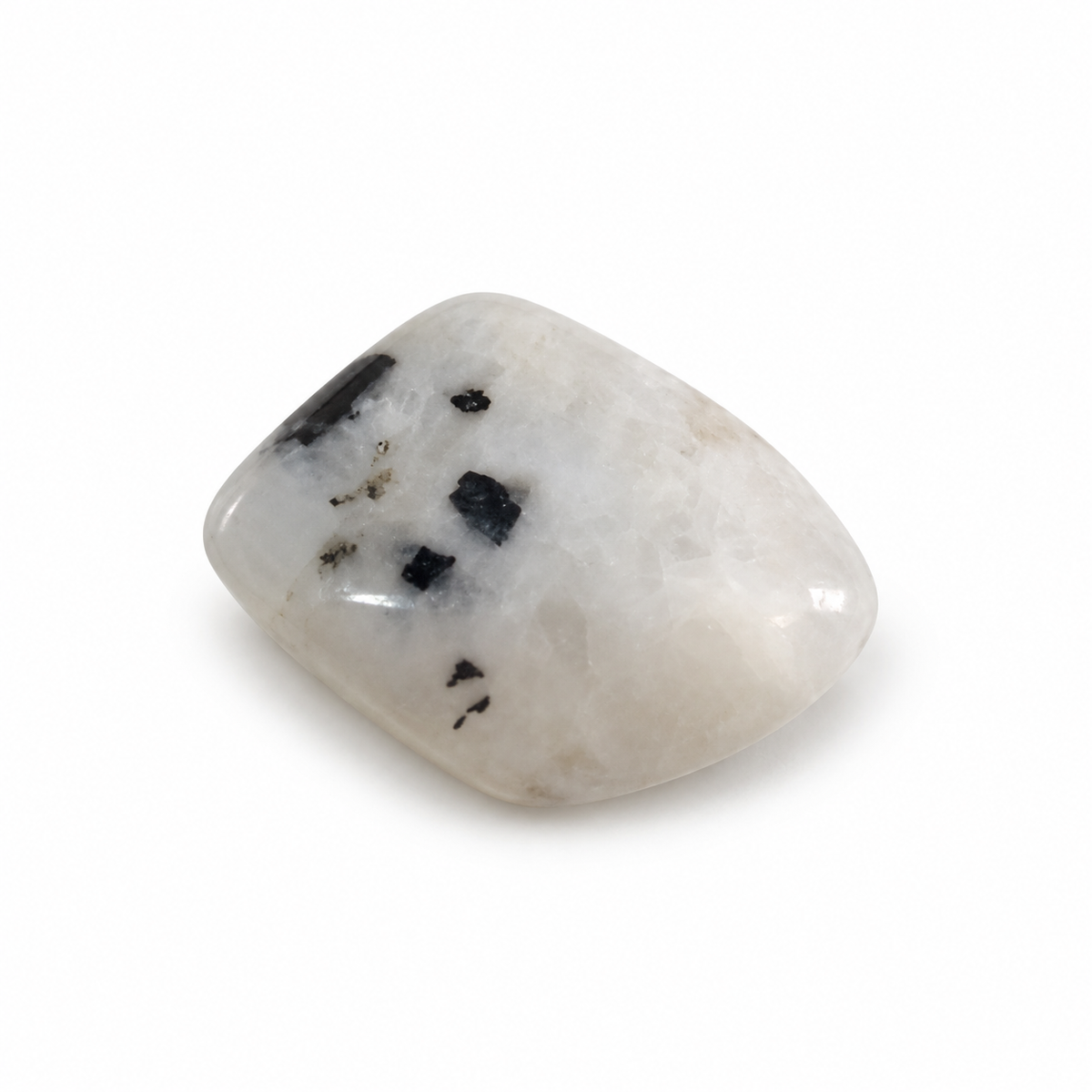 Polished Rainbow Moonstone with natural black inclusions on white