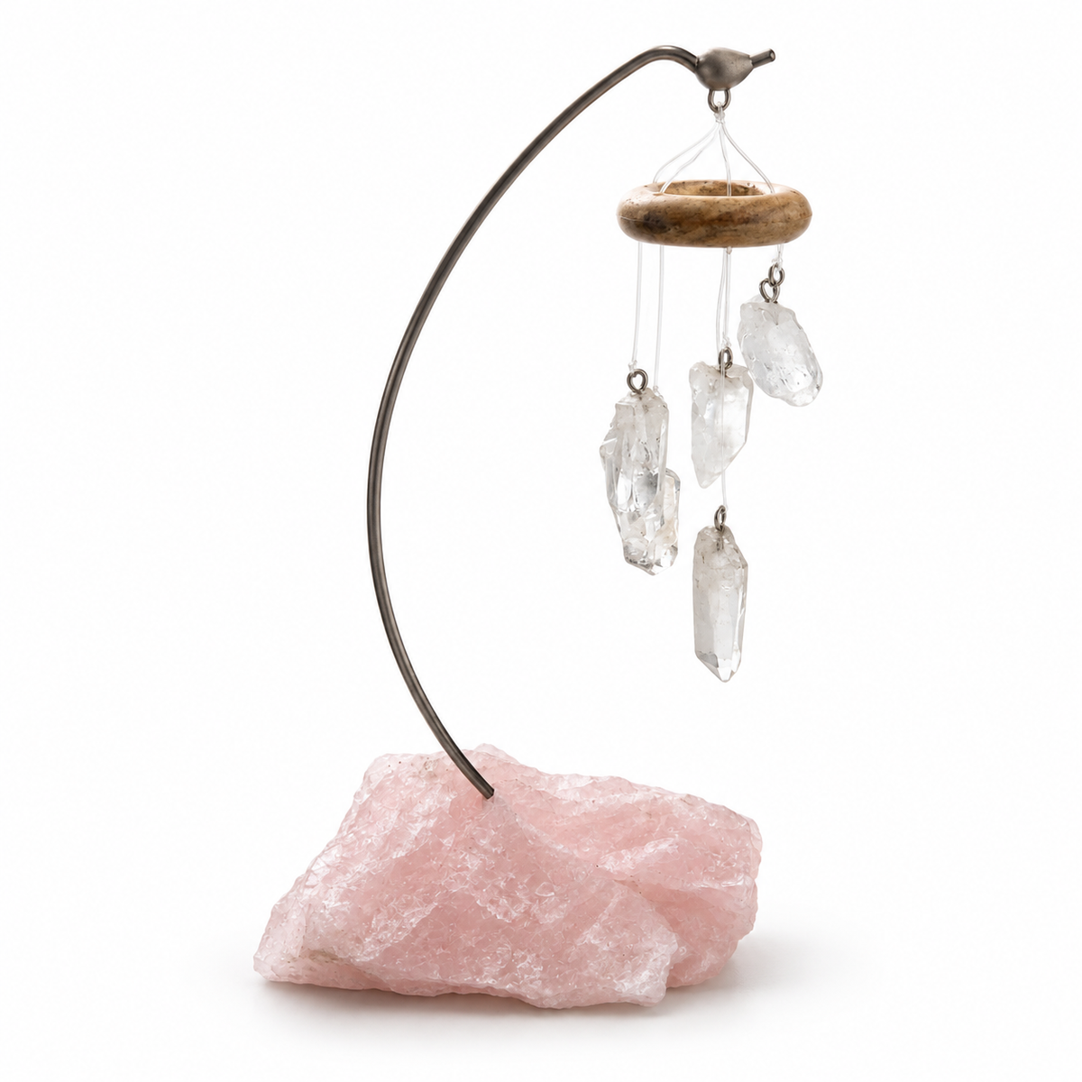 Clear quartz point desk chime with curved metal stand and rough pink rose quartz base