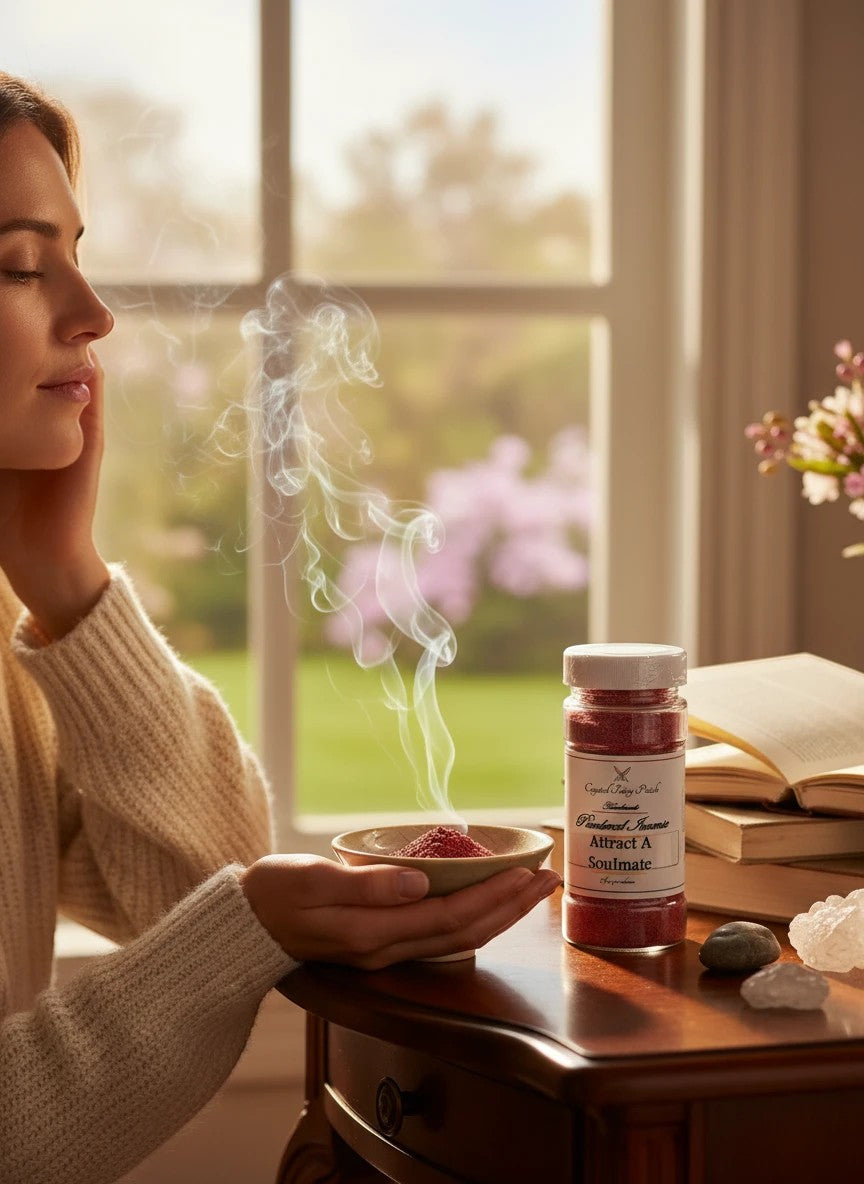 Crystal Fairy Patch Attract A Soulmate powdered incense burning in a bowl with a woman in a cozy setting.