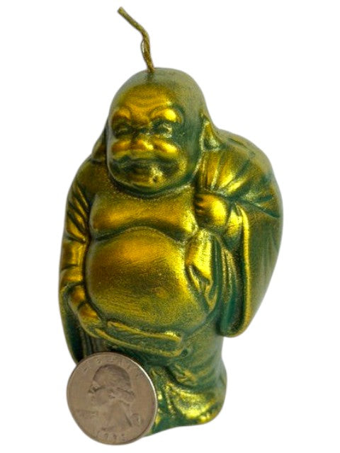 Crystal Fairy Patch handcrafted Buddha candle in metallic green with gold dusting, perfect for zen home decor.