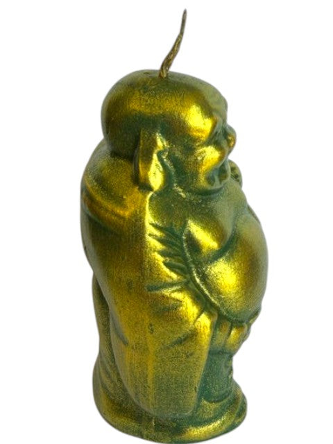 Crystal Fairy Patch handcrafted Buddha candle in metallic green with gold dusting, perfect for zen home decor.