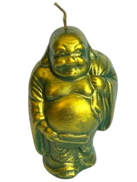 Crystal Fairy Patch handcrafted Buddha candle in metallic green with gold dusting, perfect for zen home decor.