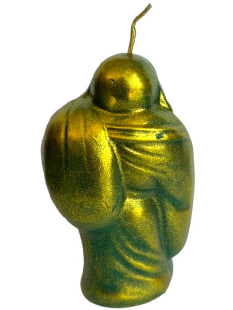 Crystal Fairy Patch handcrafted Buddha candle in metallic green with gold dusting, perfect for zen home decor.