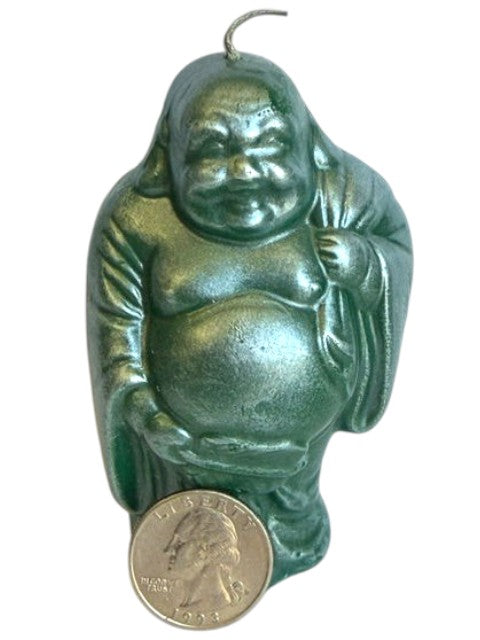 Crystal Fairy Patch handcrafted green Buddha candle with a shimmering pearl dusting finish for zen home decor.