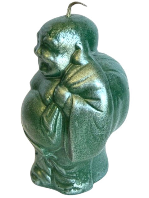 Crystal Fairy Patch handcrafted green Buddha candle with a shimmering pearlescent finish and detailed sculptural design.