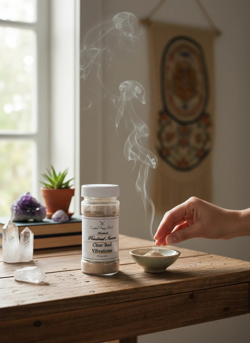 Crystal Fairy Patch Clear Bad Vibrations powdered incense in a container with smoke rising from a small dish.