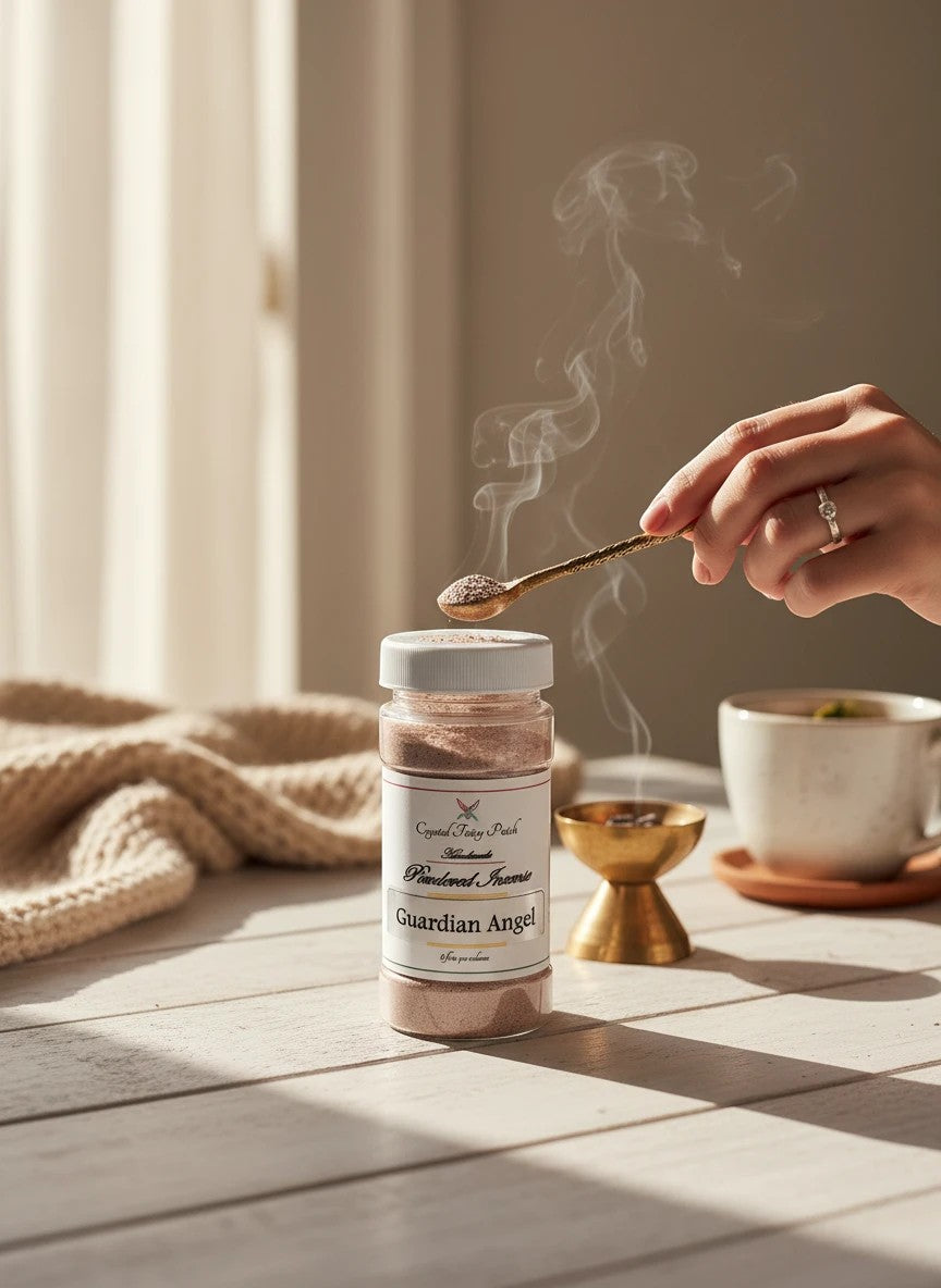 Crystal Fairy Patch Guardian Angel powdered incense in a clear container with smoke rising from a spoon.