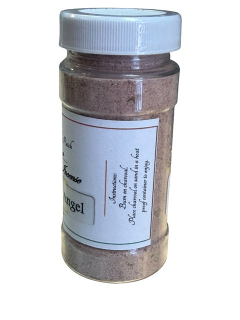 Crystal Fairy Patch Guardian Angel powdered incense in a clear plastic jar with a white lid. The incense is a fine, reddish-brown powder.