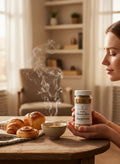 Crystal Fairy Patch Happiness powdered incense in a jar held by a woman with pastries on a wooden table.