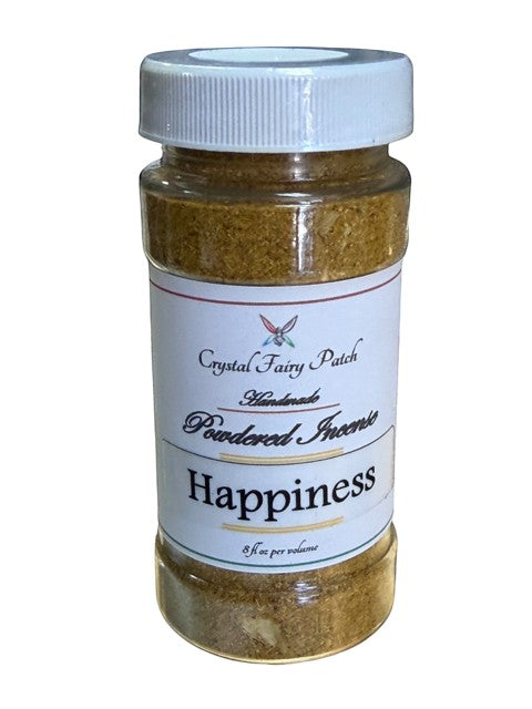 Crystal Fairy Patch Happiness powdered incense in a clear plastic shaker bottle for positive energy.
