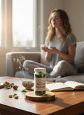 Crystal Fairy Patch Heart Chakra powdered incense in green container, with smoke rising. Woman meditating in background.