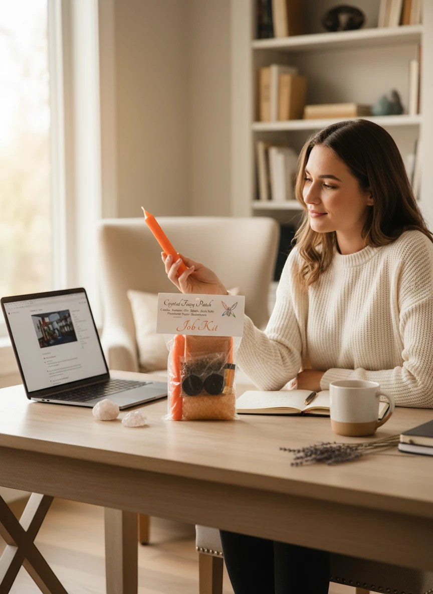 Woman in white sweater holding orange candle from Crystal Fairy Patch Job Ritual Kit at a desk