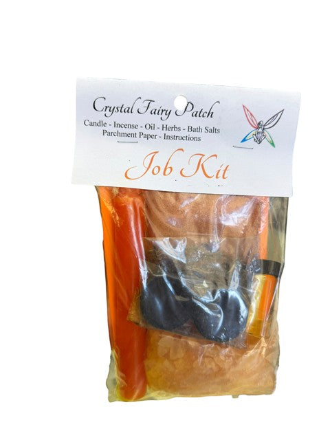 Crystal Fairy Patch Job Ritual Kit with orange candle, herbs, incense, oil, bath crystals, and charcoal.