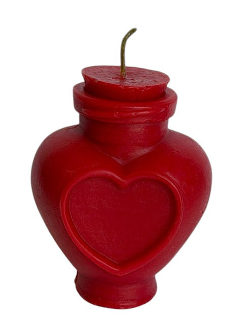Crystal Fairy Patch handcrafted red heart-shaped love potion bottle candle with a vintage apothecary stopper design.