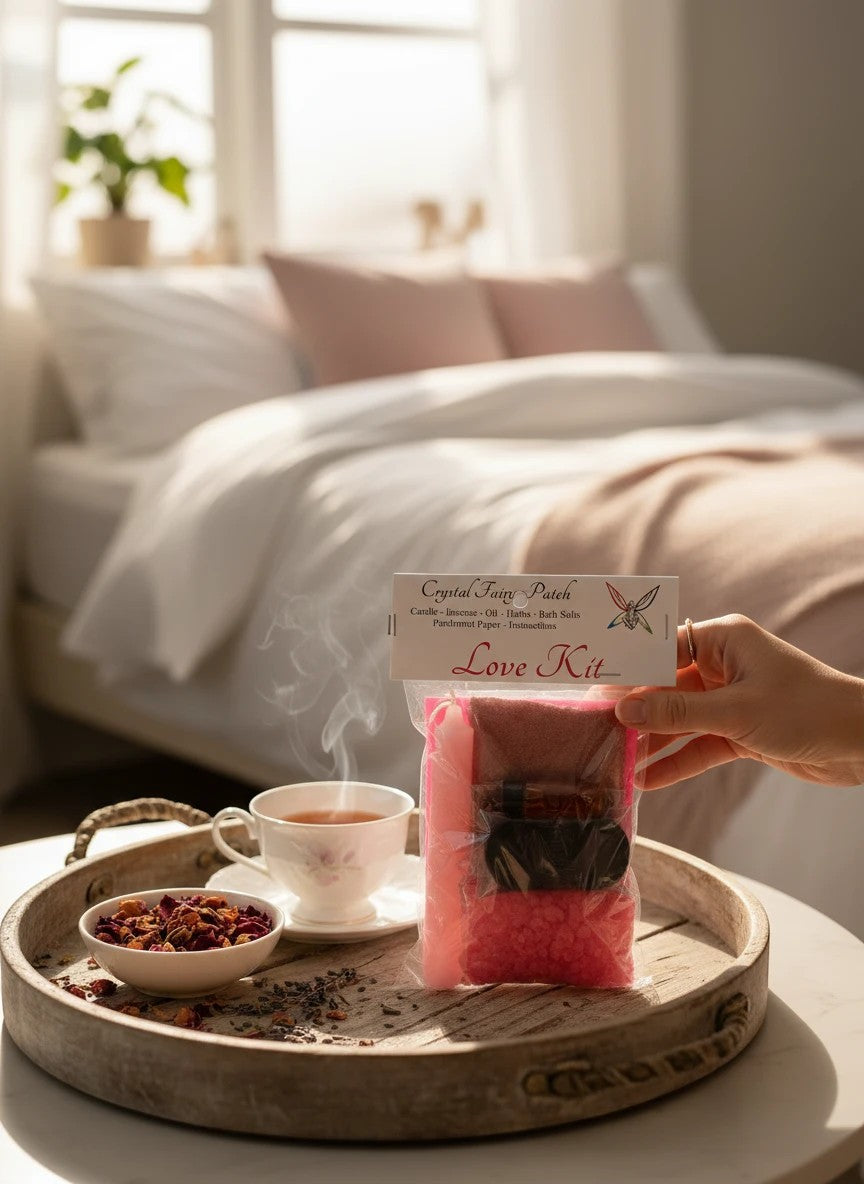 Crystal Fairy Patch Love Ritual Kit with pink candle, herbs, incense, oil, and bath salts in a bedroom.