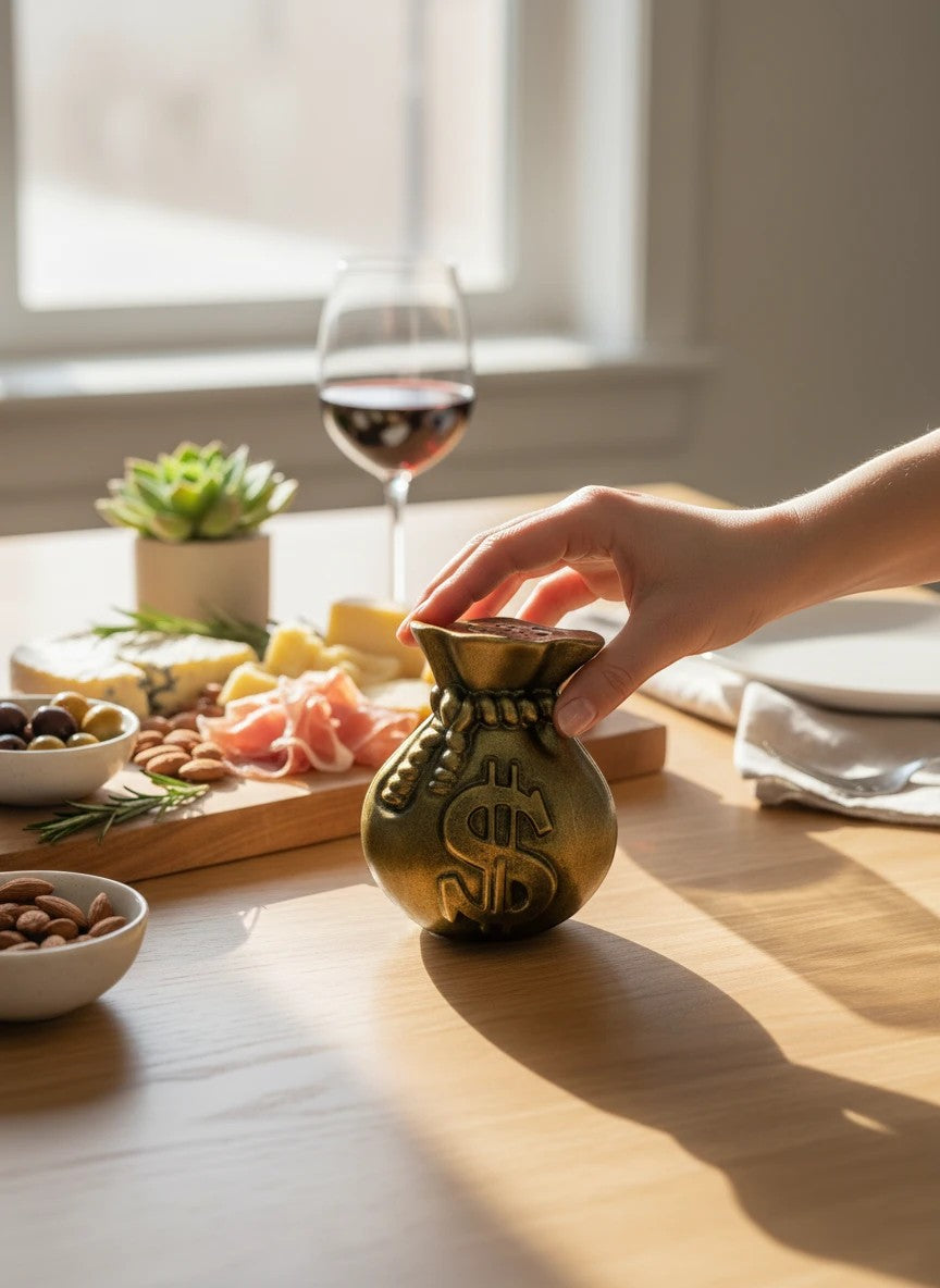 Hand holding a Crystal Fairy Patch gold money bag candle with dollar sign detail on a wooden table with charcuterie board.