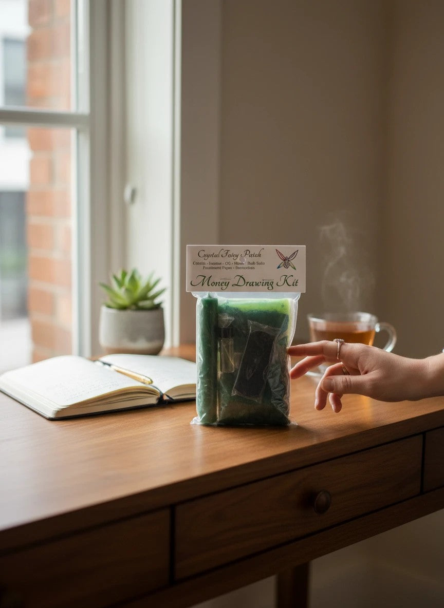 Crystal Fairy Patch Money Drawing Ritual Kit with green candle, incense, oil, herbs, bath salts, and parchment paper.