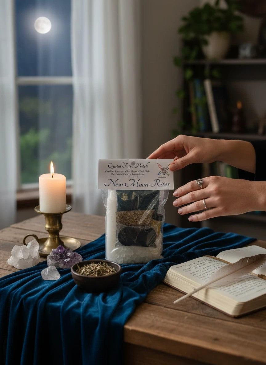Crystal Fairy Patch New Moon Ritual Kit with candle, herbs, incense, oil, and crystals on a wooden table.