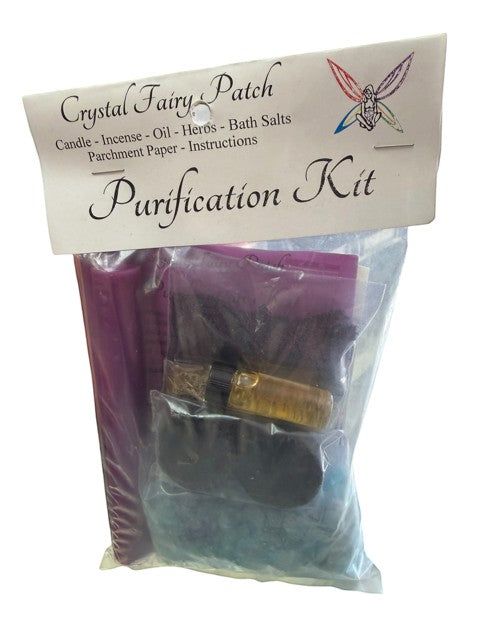 Crystal Fairy Patch Purification Ritual Kit with candle, herbs, incense, oil, and bath crystals for cleansing.