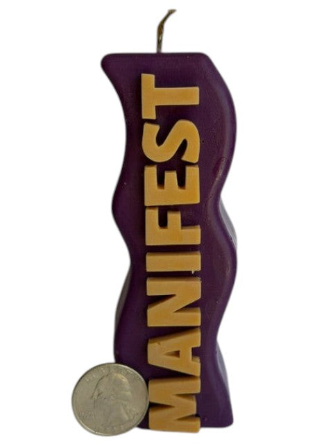 Crystal Fairy Patch purple handcrafted pillar candle with gold embossed MANIFEST text, 4.5 inches tall.