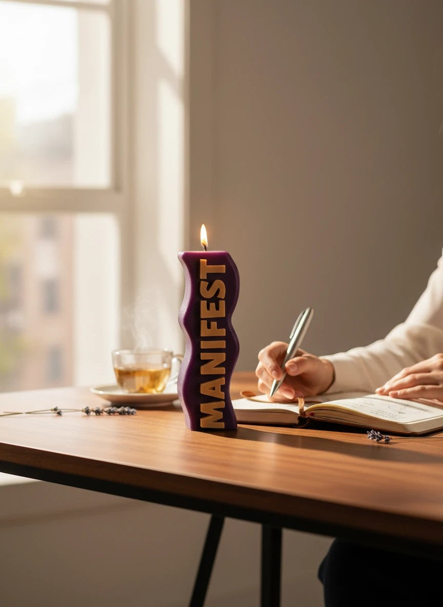 Crystal Fairy Patch purple wavy pillar candle with gold MANIFEST text, lit on a desk next to a person writing in a journal.
