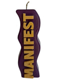 Crystal Fairy Patch purple handcrafted pillar candle with wavy edges and raised beige MANIFEST lettering