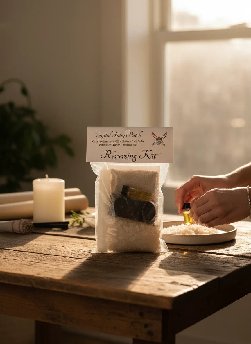 Crystal Fairy Patch Reversing Ritual Kit with candle, herbs, incense, oil, and bath crystals on a table.