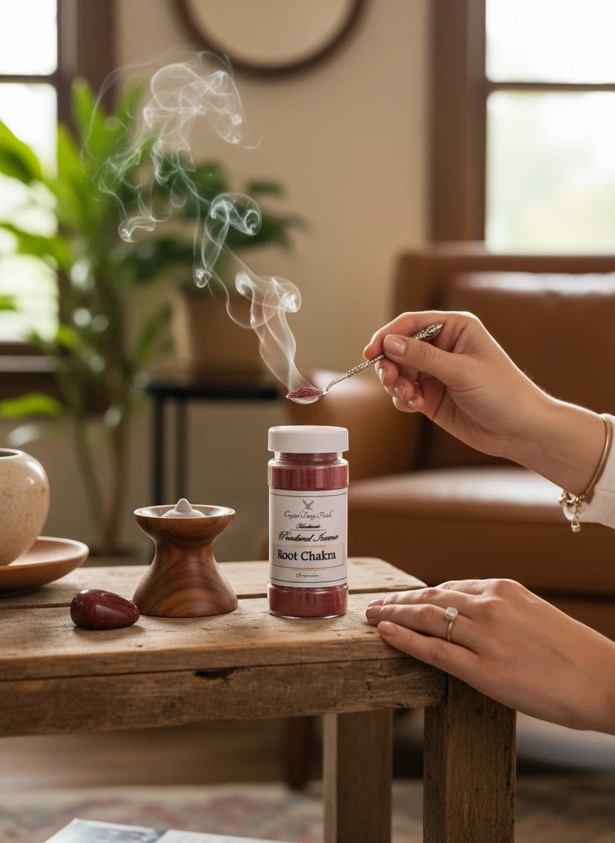 Crystal Fairy Patch Root Chakra powdered incense in a jar with a spoon, grounding energy for meditation.