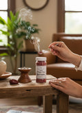 Crystal Fairy Patch Root Chakra powdered incense in a jar with a spoon, grounding energy for meditation.
