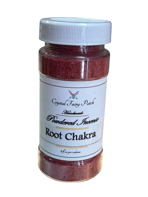 Crystal Fairy Patch Root Chakra powdered incense in a clear plastic jar for grounding and centering energy.