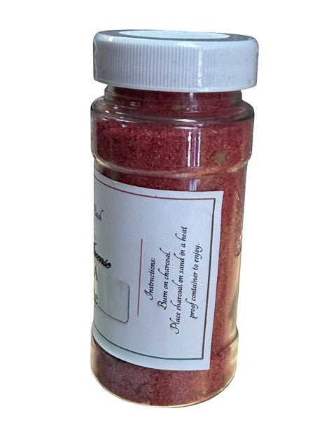 Crystal Fairy Patch Attract A Soulmate red powdered incense in a clear jar for spiritual rituals.