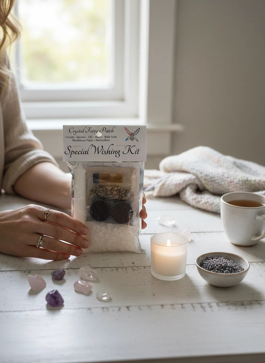 Crystal Fairy Patch Special Wishing Ritual Kit with herbs, oil, and bath crystals on a white wooden table.