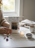 Crystal Fairy Patch Special Wishing Ritual Kit with herbs, oil, and bath crystals on a white wooden table.