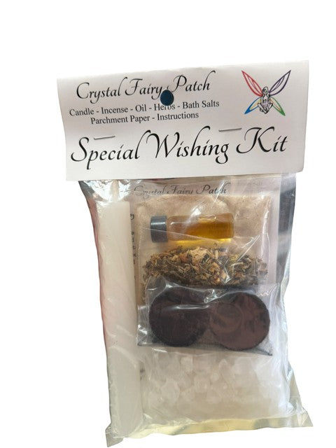 Crystal Fairy Patch Special Wishing Ritual Kit with candle, herbs, incense, oil, bath crystals, and charcoal.