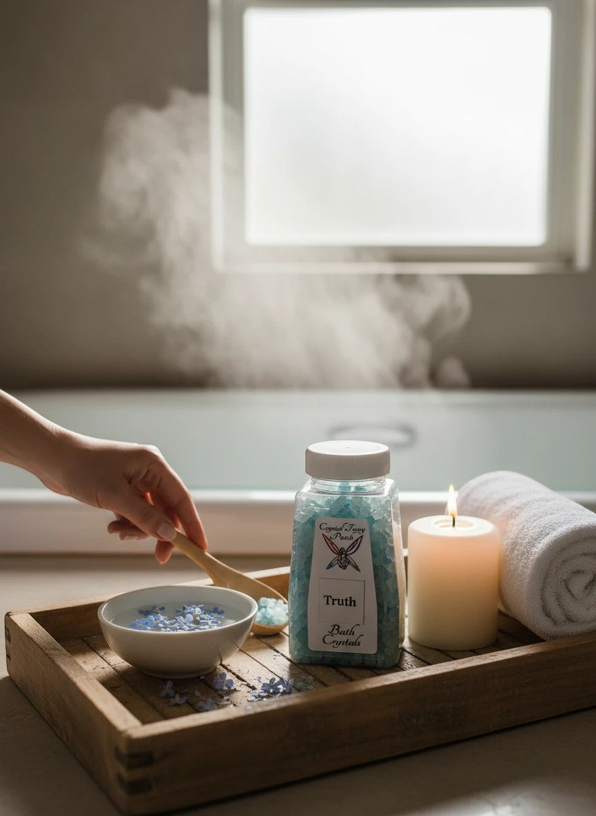 Crystal Fairy Patch Truth bath salt crystals in a jar with a wooden spoon, candle, and towel on a tray for a relaxing bath.