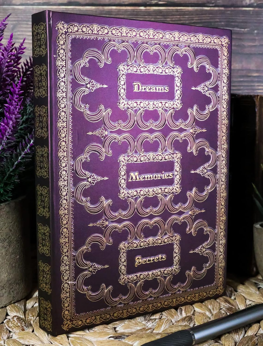 Royal Purple And Gold Dreams Memories Secrets Floral Scroll Art Embossed Blank Page Hard Cover Journal