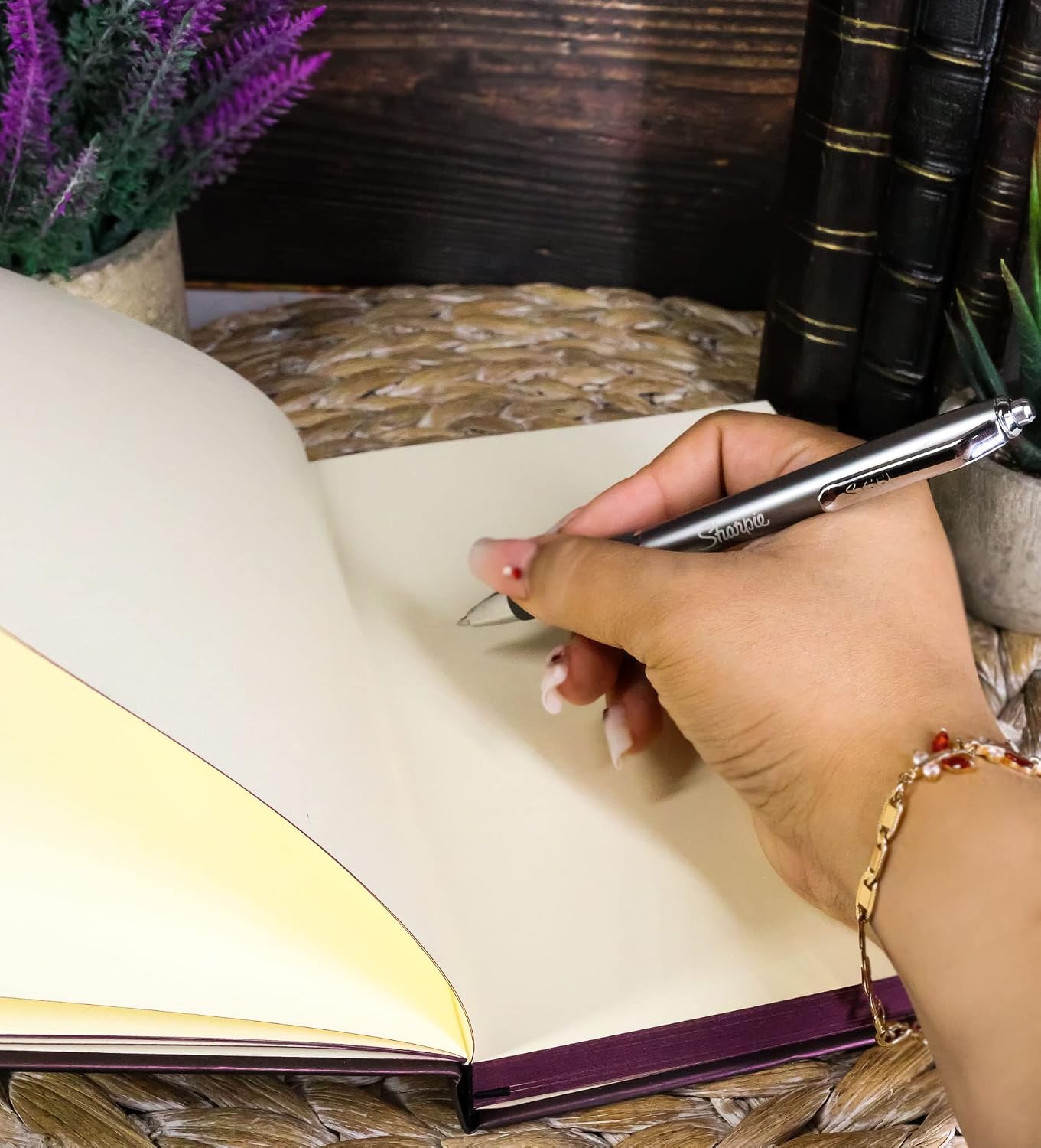 Royal Purple And Gold Dreams Memories Secrets Floral Scroll Art Embossed Blank Page Hard Cover Journal