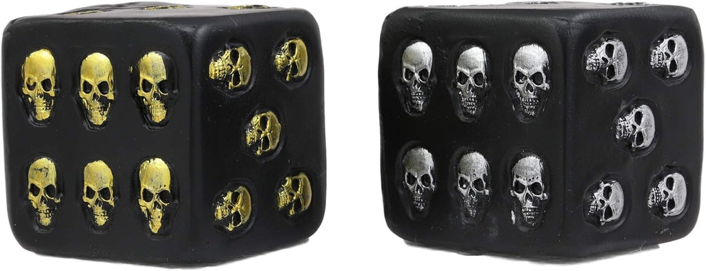 Oversized Large Decorative 2.25"High Cube Silver And Gold Skull Face Gaming Dice Set of 2 In Matte Black Finish As Ossuary Macabre Spooky Halloween Decor Sculpture Of Graveyard Skulls Skeletons